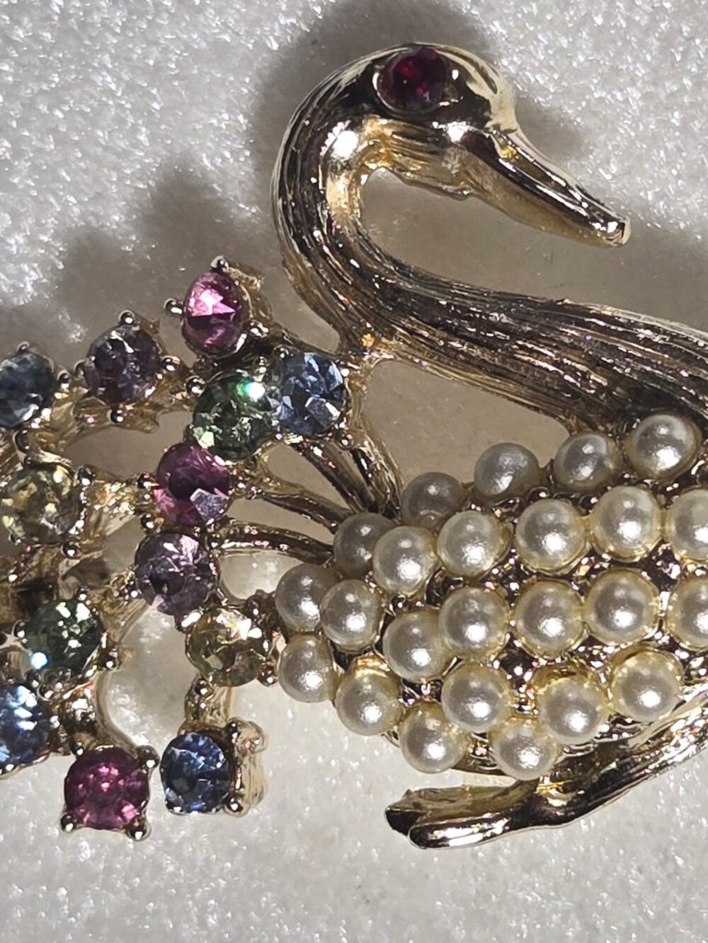 Vintage Gold Tone Swan Brooch Faux Pearl Body Colorful Rhinestone Tail Bird Pin